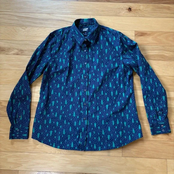 Lands End Christmas Shirt Womens Sz 10 Holiday Long Sleeve Button Up - Picture 4 of 7